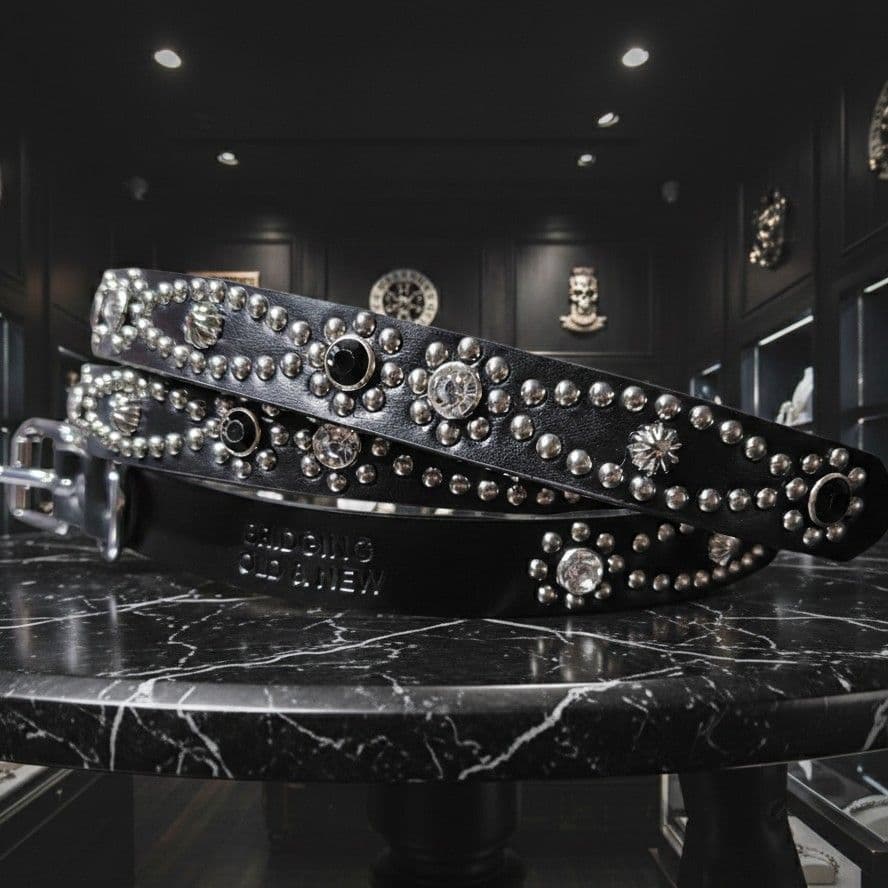 クロス銀■本革レザーフルスタッズナローベルト☆925アメカジヴィンテージシルバー