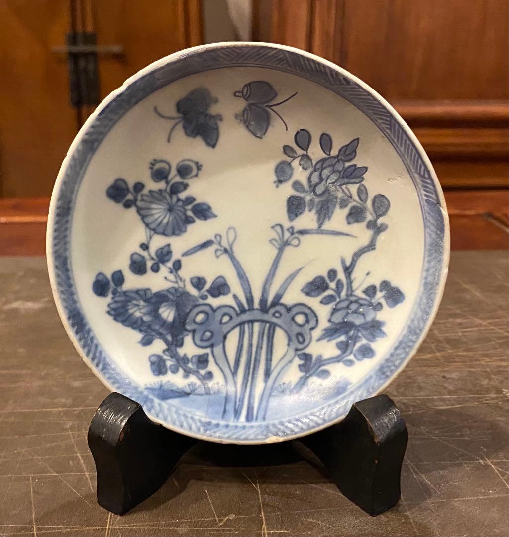 景徳鎮窯染付絵皿　鑑賞台付 ・沈船品　ヴィンテージ　レア ・台湾茶器