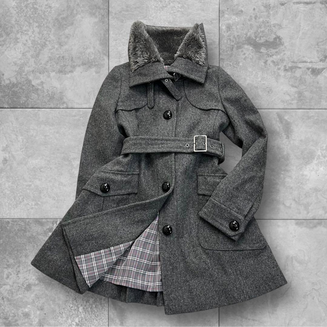 バーバリーブルーレーベル ウール コート 38 グレー チェック ファー ベルト