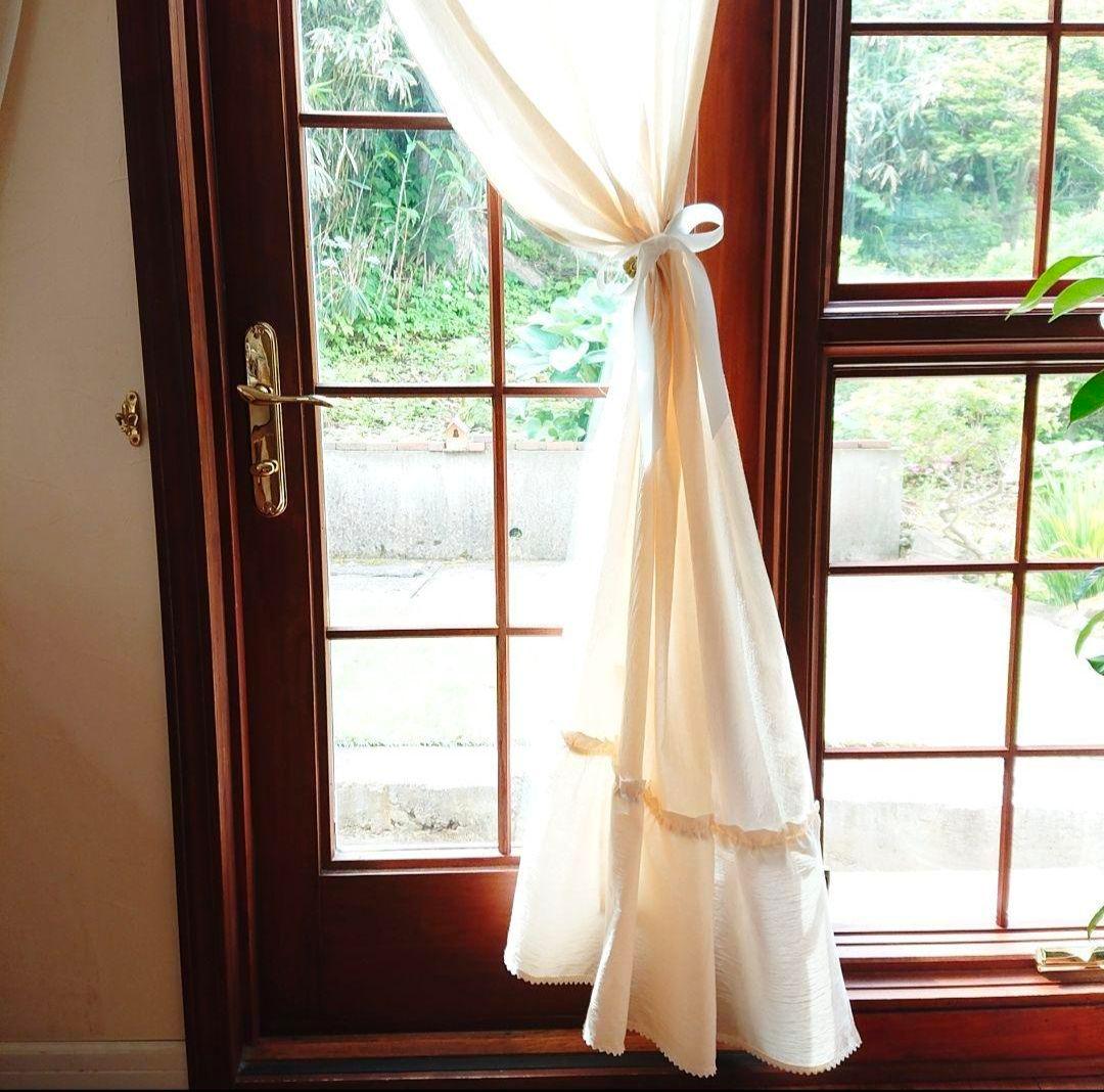 ナチュラルコットン♪片開きラッフルカーテン リボンクリップ付き