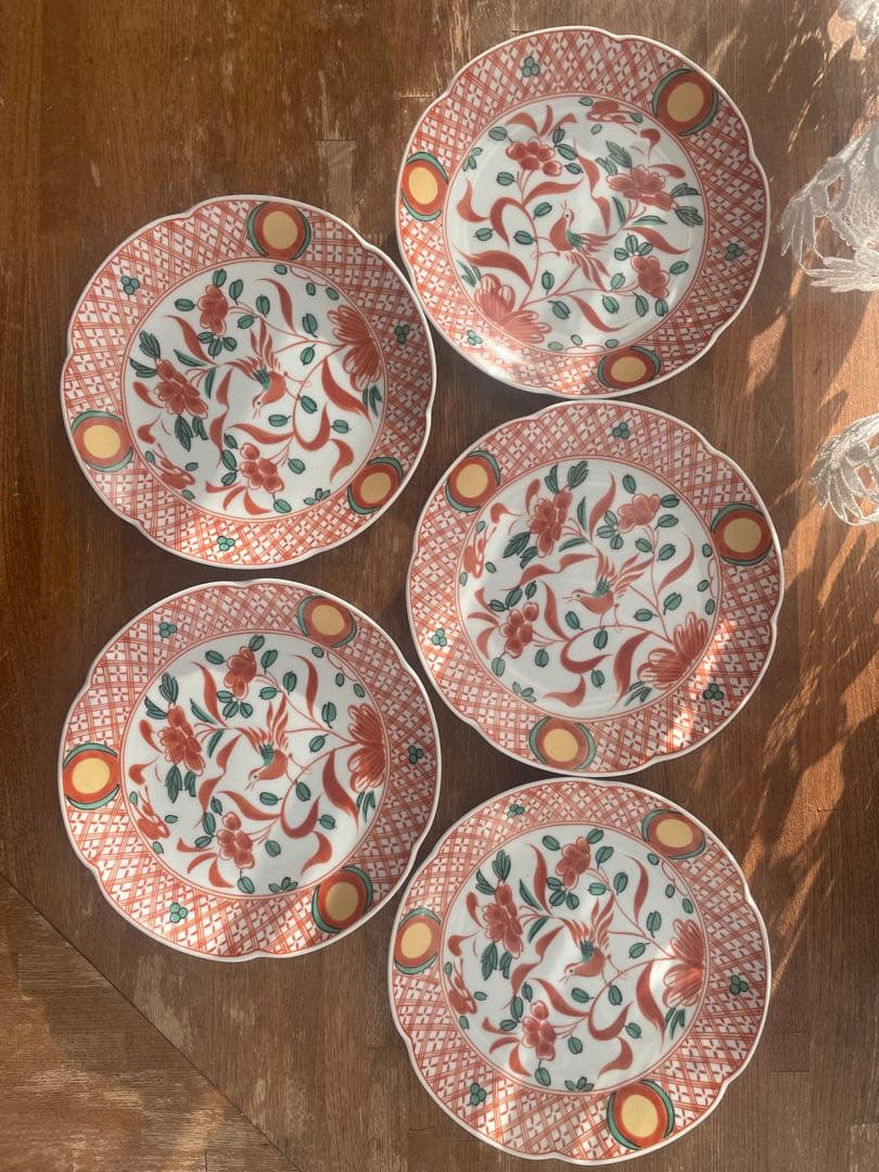 たち吉　呉須赤絵　花鳥金彩皿　5枚セット 古伊万里 和皿　色絵　中皿　輪花皿