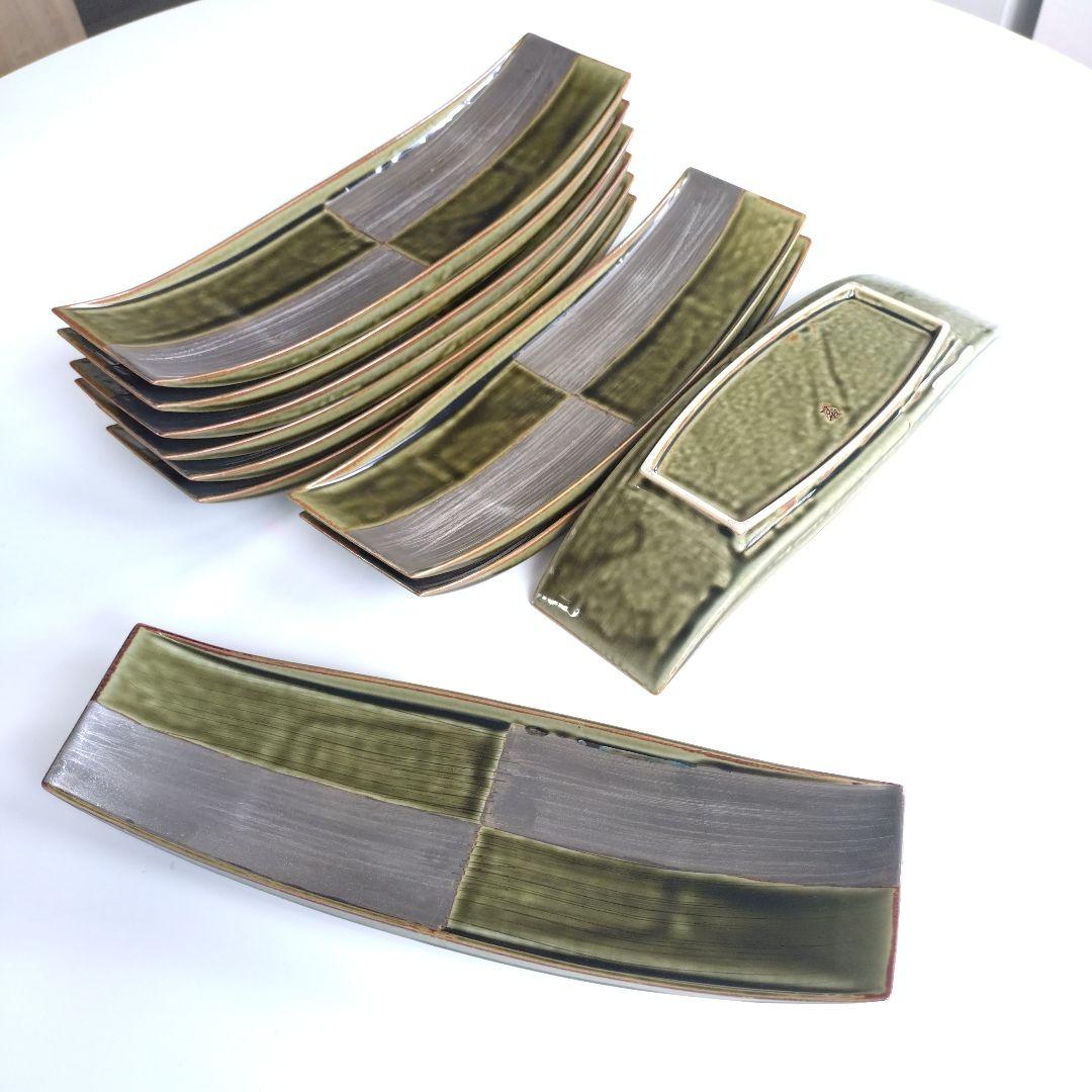 有田焼　緑とグレーの長方形皿 10枚セット