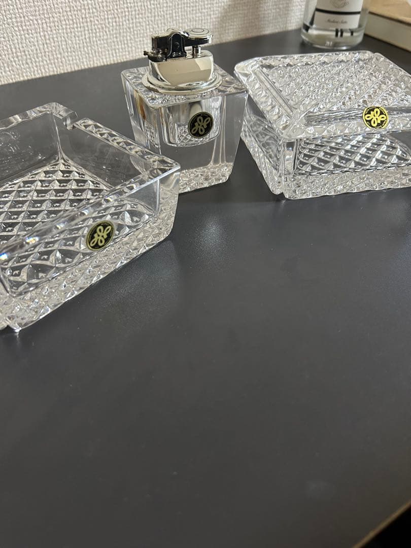 アンティーク　ガラス製　灰皿、シガーケース、ライターセット