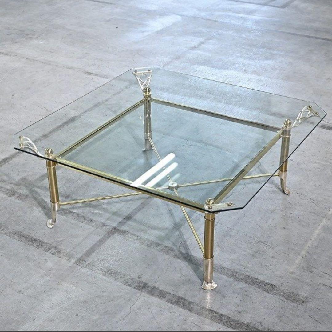 ★アンティーク調 ガラステーブル 真鍮 クローム脚 スクエア ロー コーヒー