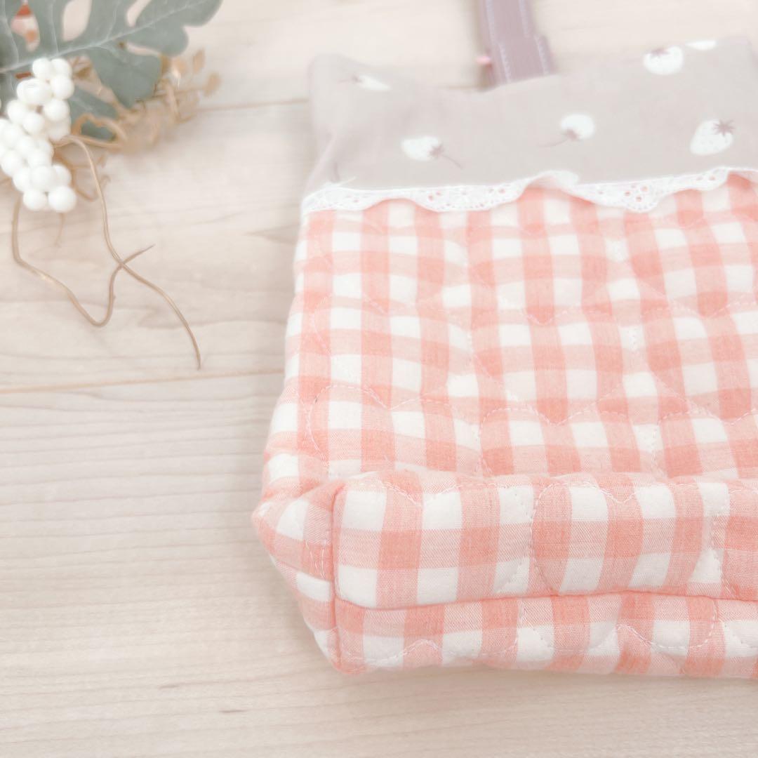 入園入学セット　女の子　いちご柄　レース　ピンク　チェック　ハンドメイド　5点