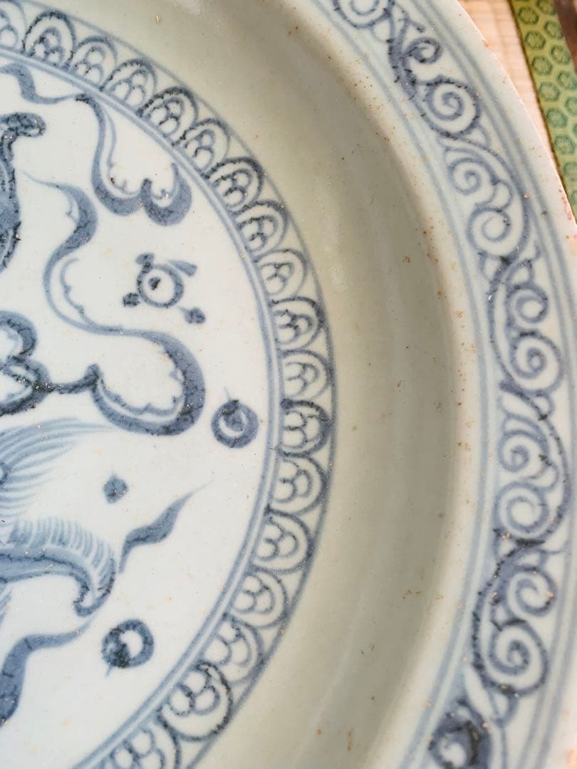 中国明時代黄釉染付(青花)大皿（元箱付き）