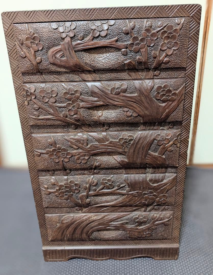 日光彫り木製 5段引き出し 小物収納