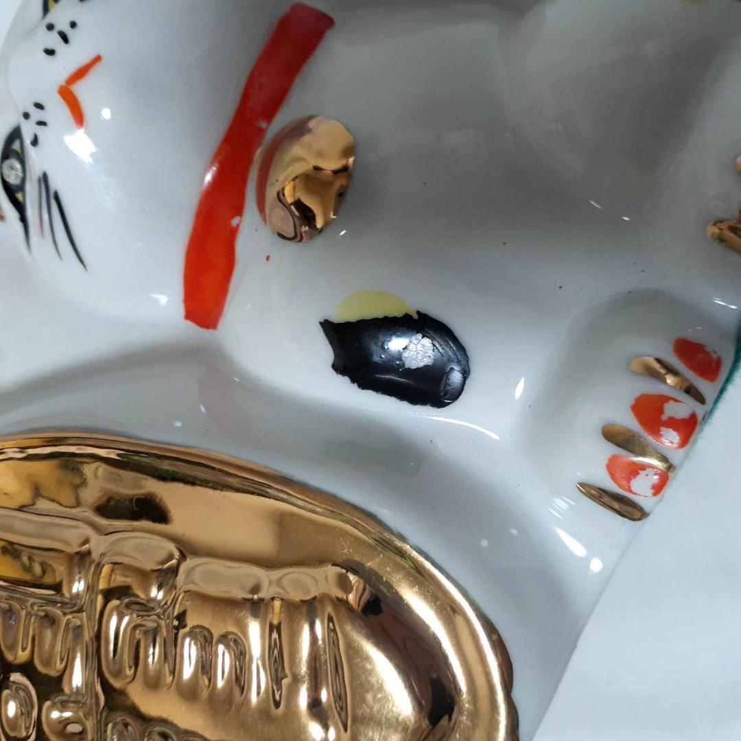 059　瀬戸焼　招き猫 三匹猫　ガラス目　昭和レトロ　当時物　希少品