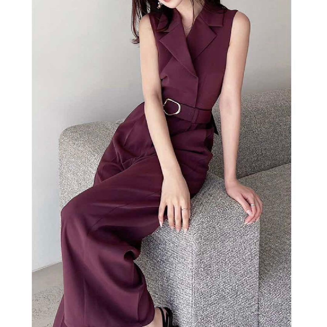 バーガンディ ノースリーブ オールインワン