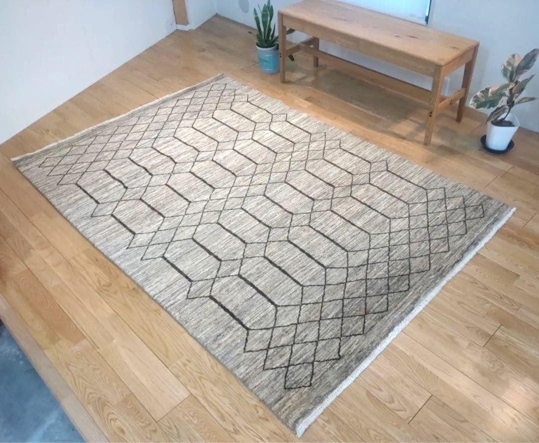 天然無染ラグ　リビング　格子柄　201×139 ライトブラウン　ソフトタッチ