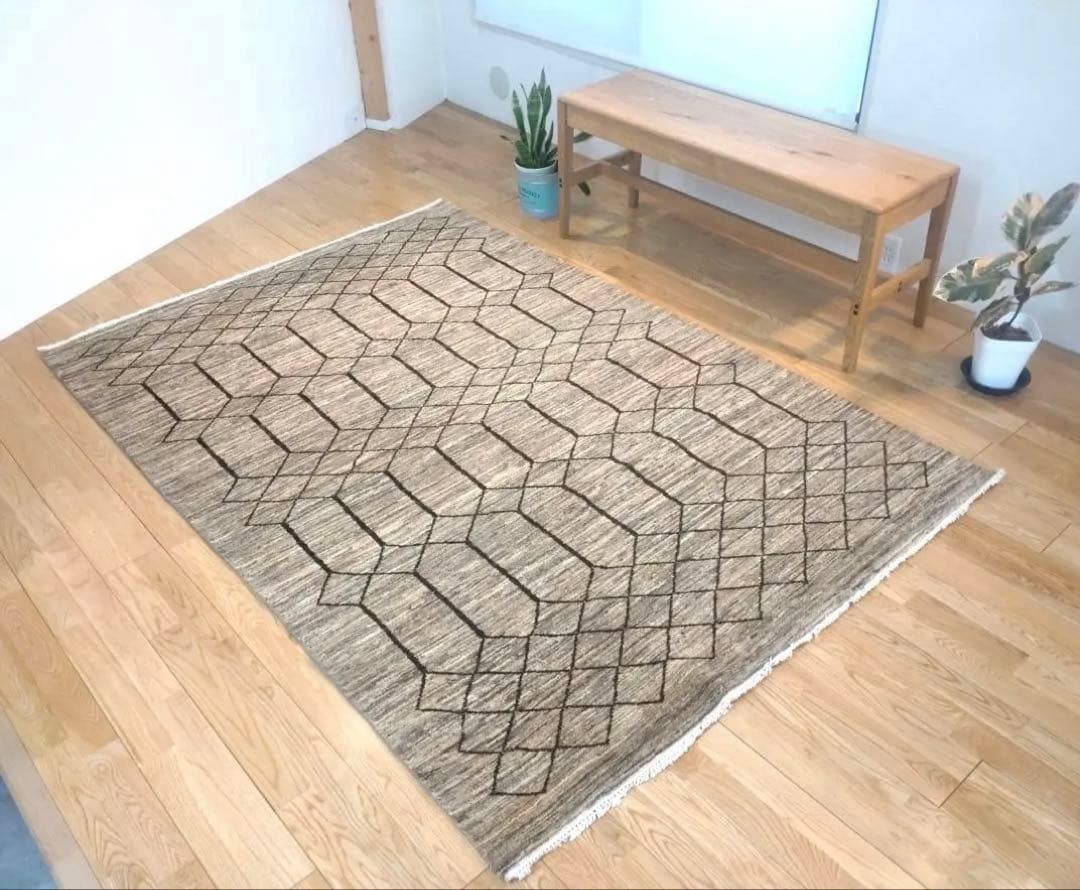 天然無染ラグ　リビング　格子柄　201×139 ライトブラウン　ソフトタッチ