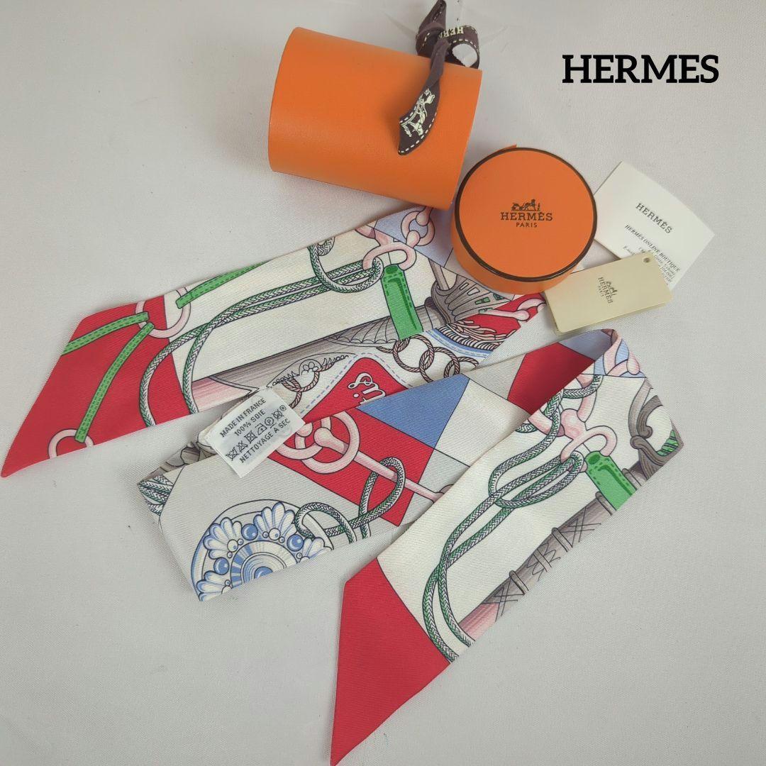 【良品】HERMES エルメス ツイリー レッド ホワイト