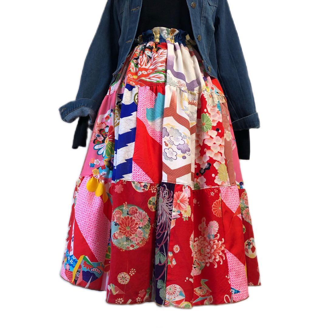 ティアードスカート　古布　リメイク　子供着物　女児着物　七五三着物　一点物