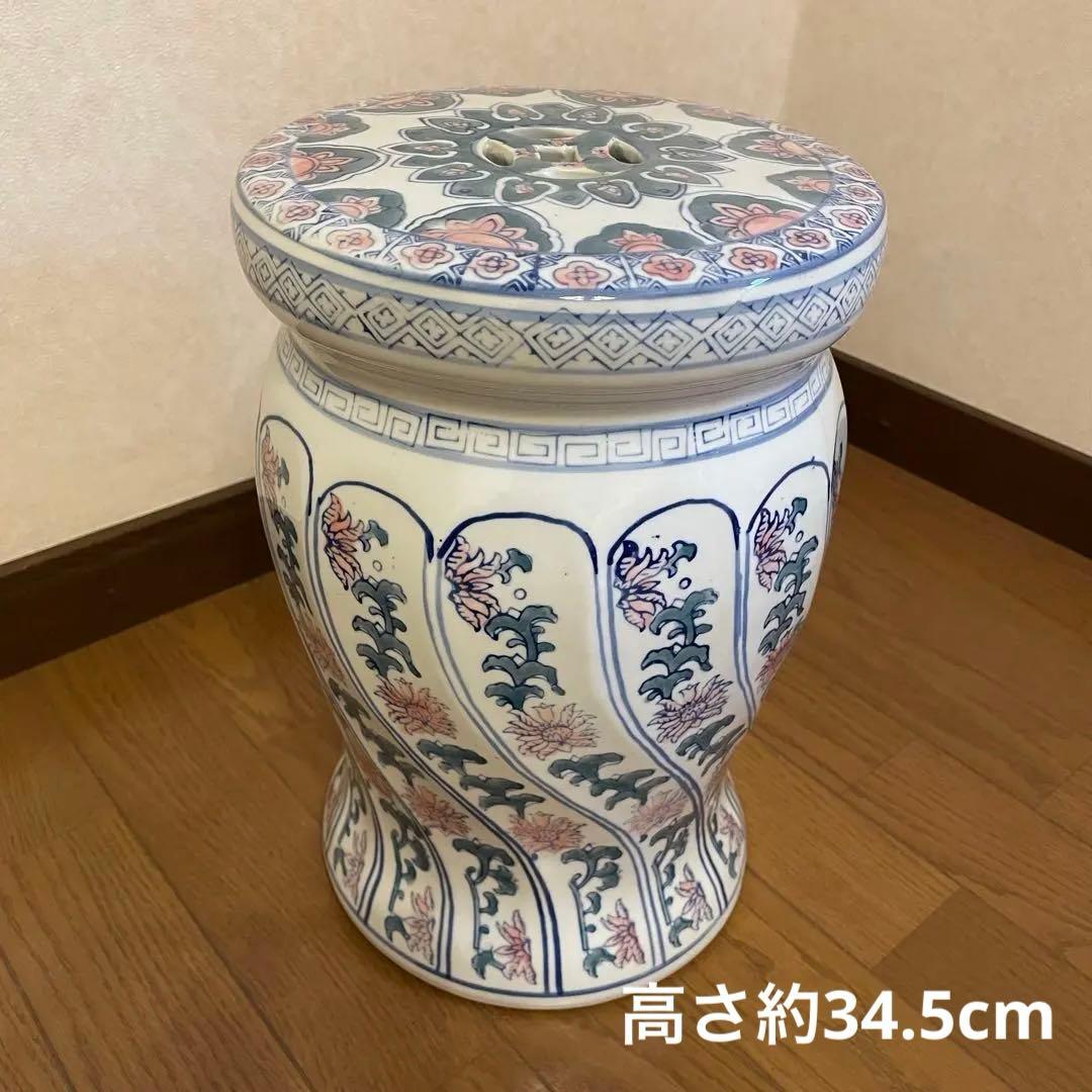 陶器　花柄　椅子　花台　スツール 腰掛 ガーデンチェア　高さ約34.5cm