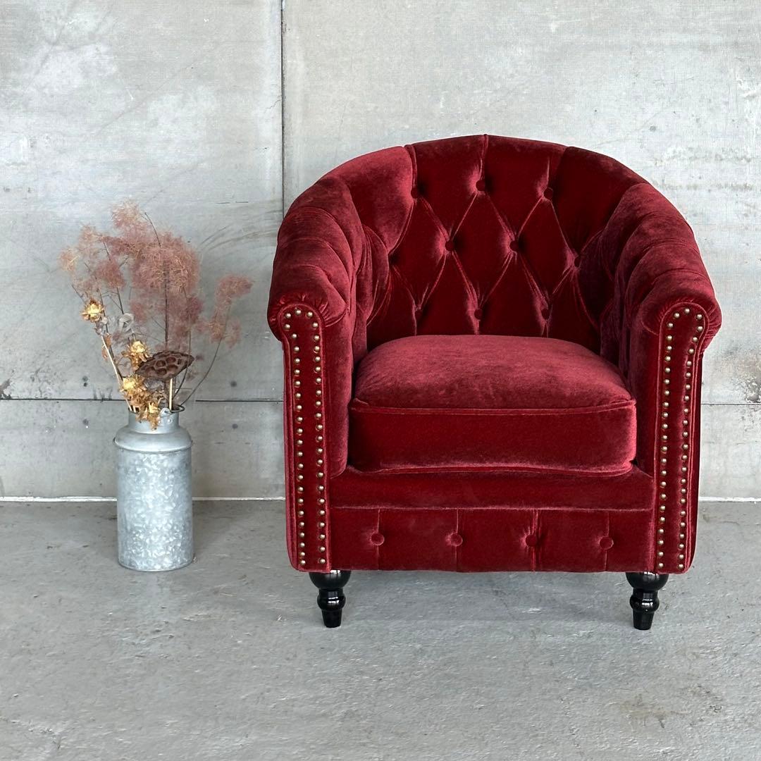 ★VINCENT★チェスターフィールド 1Pソファ ベルベット アンティーク風