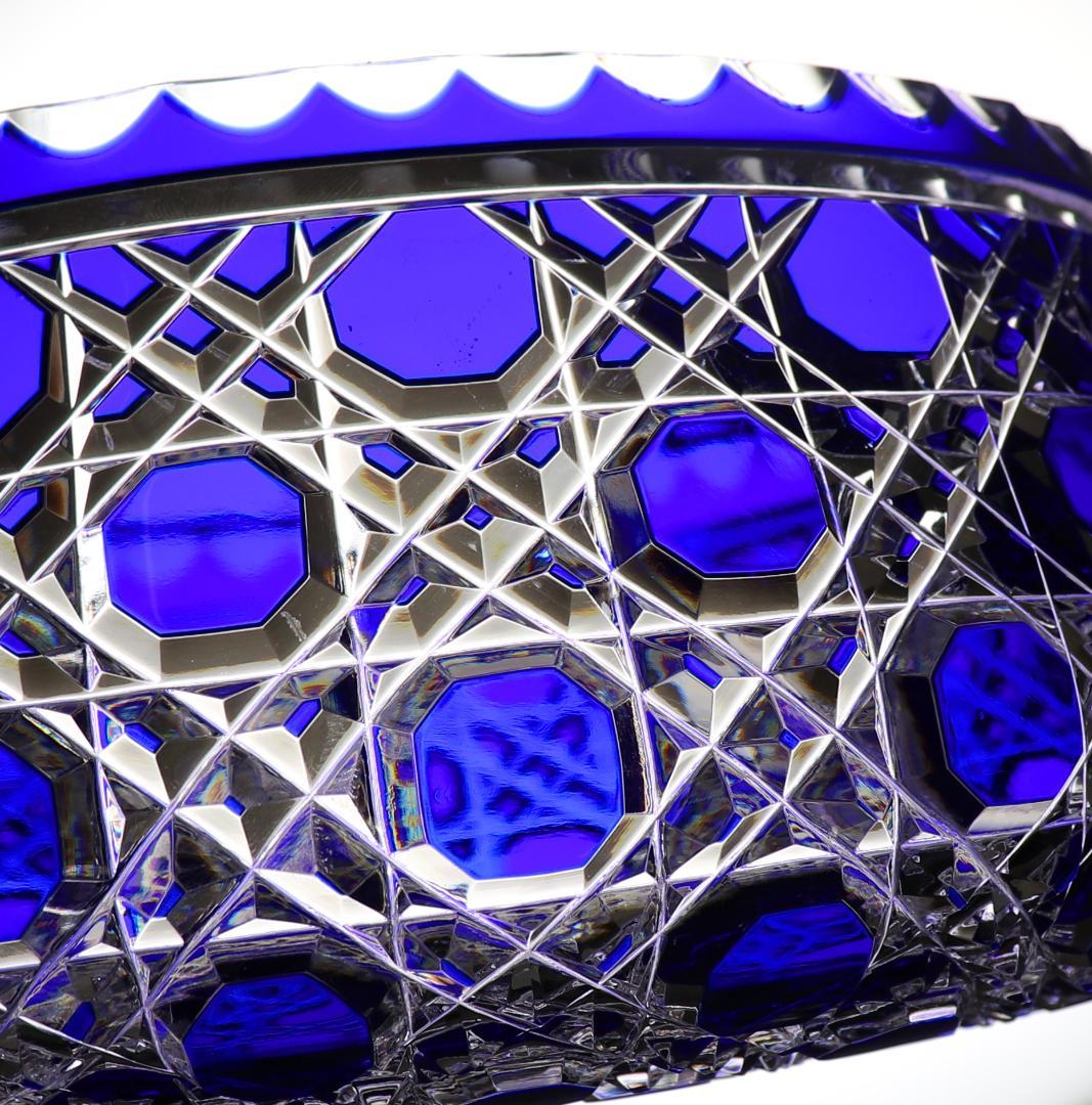 オールド・バカラ上級作品 19世紀 24cm 青色被せ装飾特大切子鉢 ディアマン