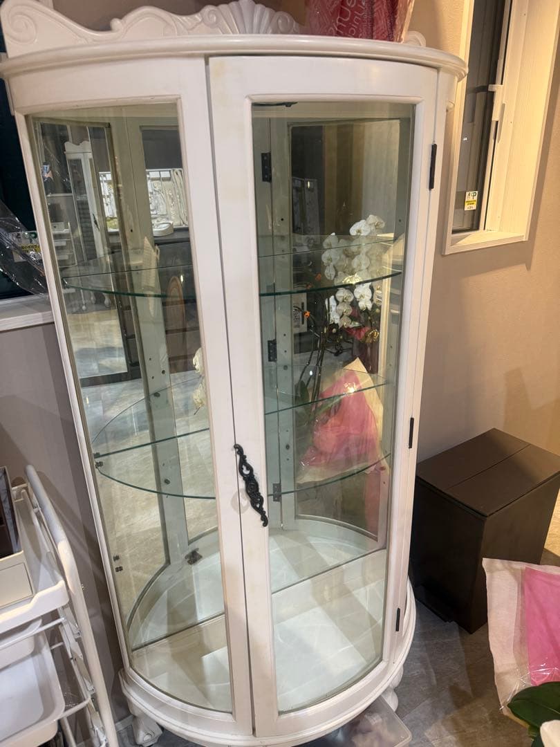 【みつおブラザーズ】ホワイト ガラスキャビネット 丸型