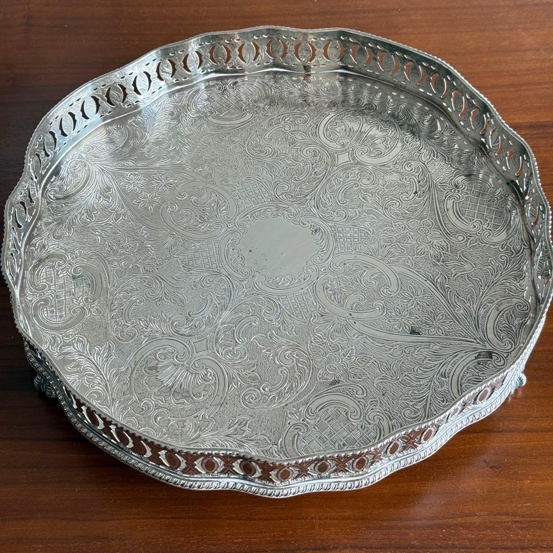定価3万円!!希少アンティーク 銀メッキ足付きトレイ 25cm ロココ イギリス
