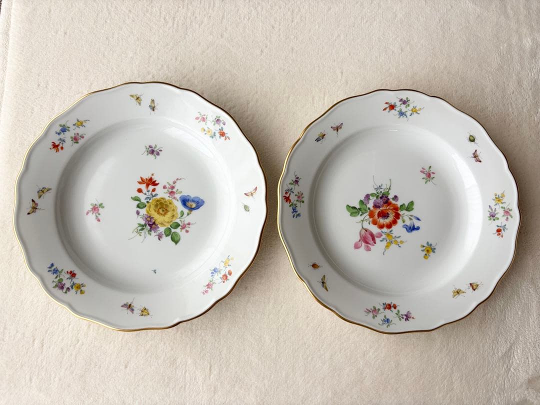 Meissenフラワーブーケ プレート 2枚セット✨ 金彩 磁器皿 ドイツ製