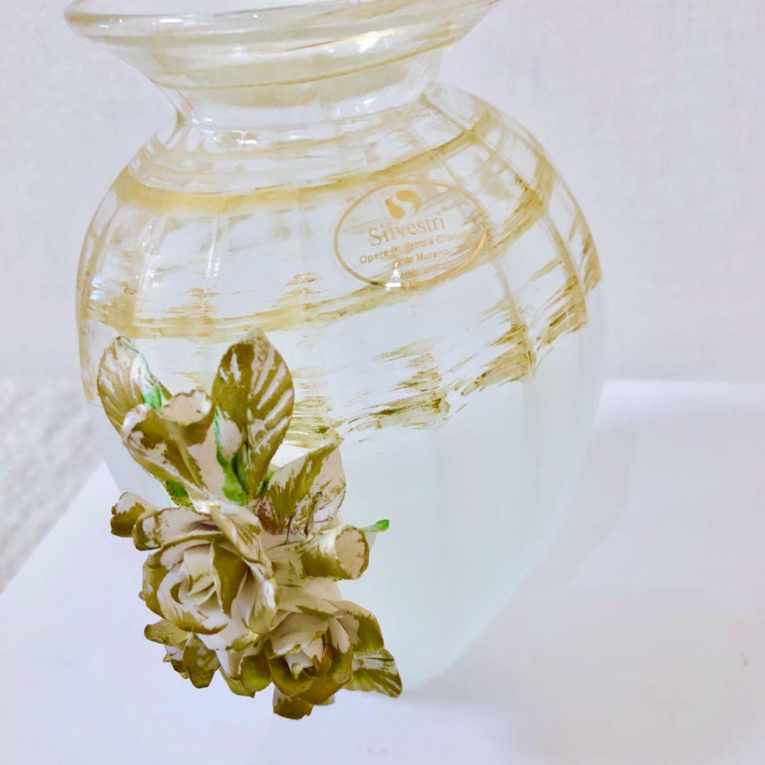 新品アンティーク イタリー製 花瓶 フラワーベース ムラーノガラス 薔薇ゴールド
