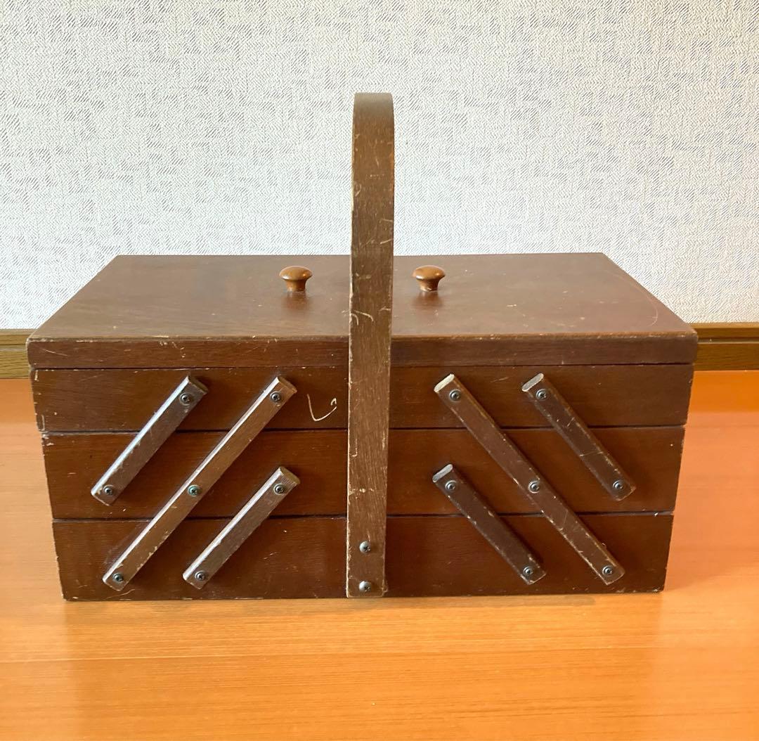 アンティーク レトロ 三段 木製ソーイングボックス 裁縫箱