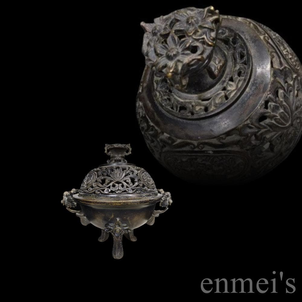 中国古美術 老銅胎 熏香炉《花開富貴》純銅製 高浮彫 手彫 古美味 時代物 置物