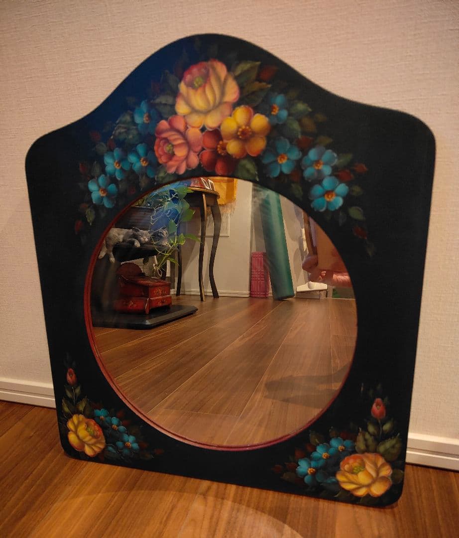 トールペイント 壁掛け鏡 ウォールミラー 手描き ハンドペイント 木製 バラ