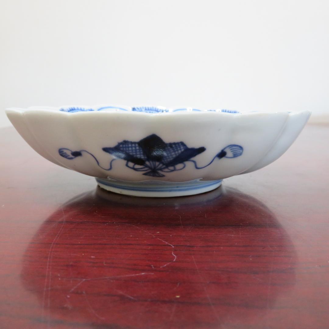 なます皿 5枚 古伊万里 菊型 染付 微塵唐草 成化年製 窯傷