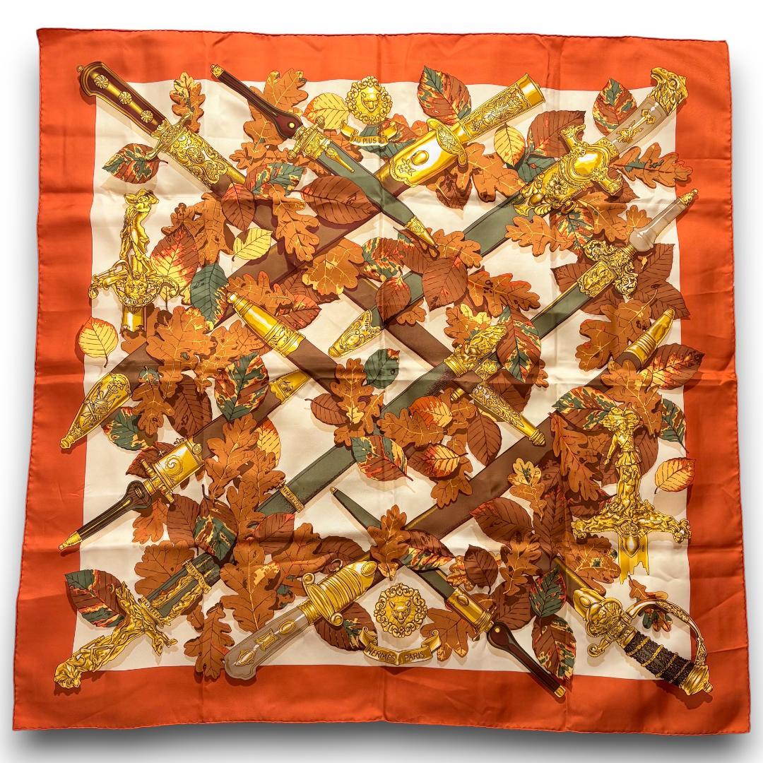 エルメス カレ90 AU PLUS DRU シルクスカーフ オレンジ ベージュ