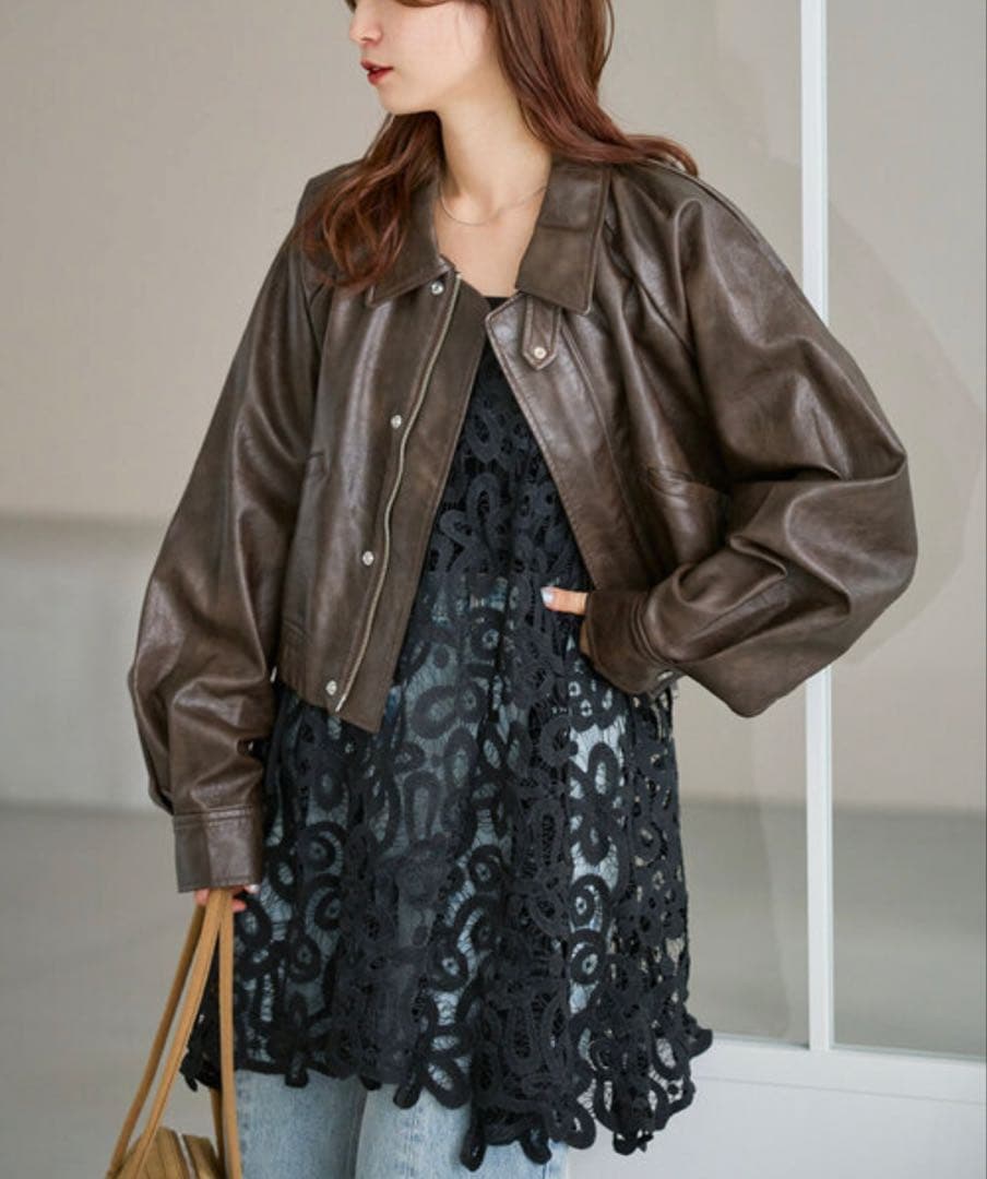 【ぐみ】kastane フェイクレザーショートブルゾン ブラウン