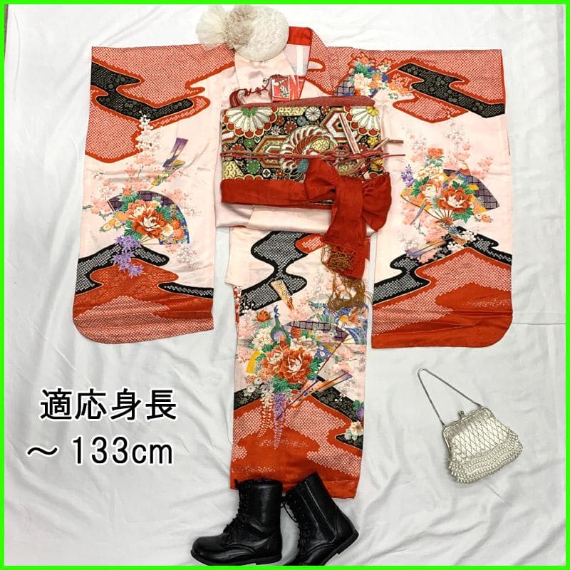 511ag19■七五三 七歳 女児 着物&丸帯 絞り染風 扇■状態良好