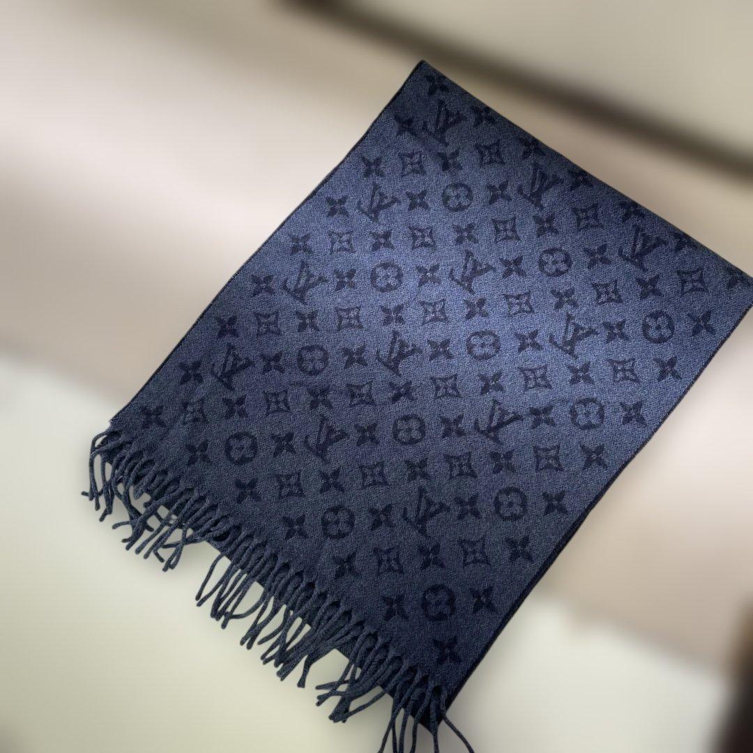 ルイヴィトン ネイビー ウール マフラー ロゴ入り フリンジ付き