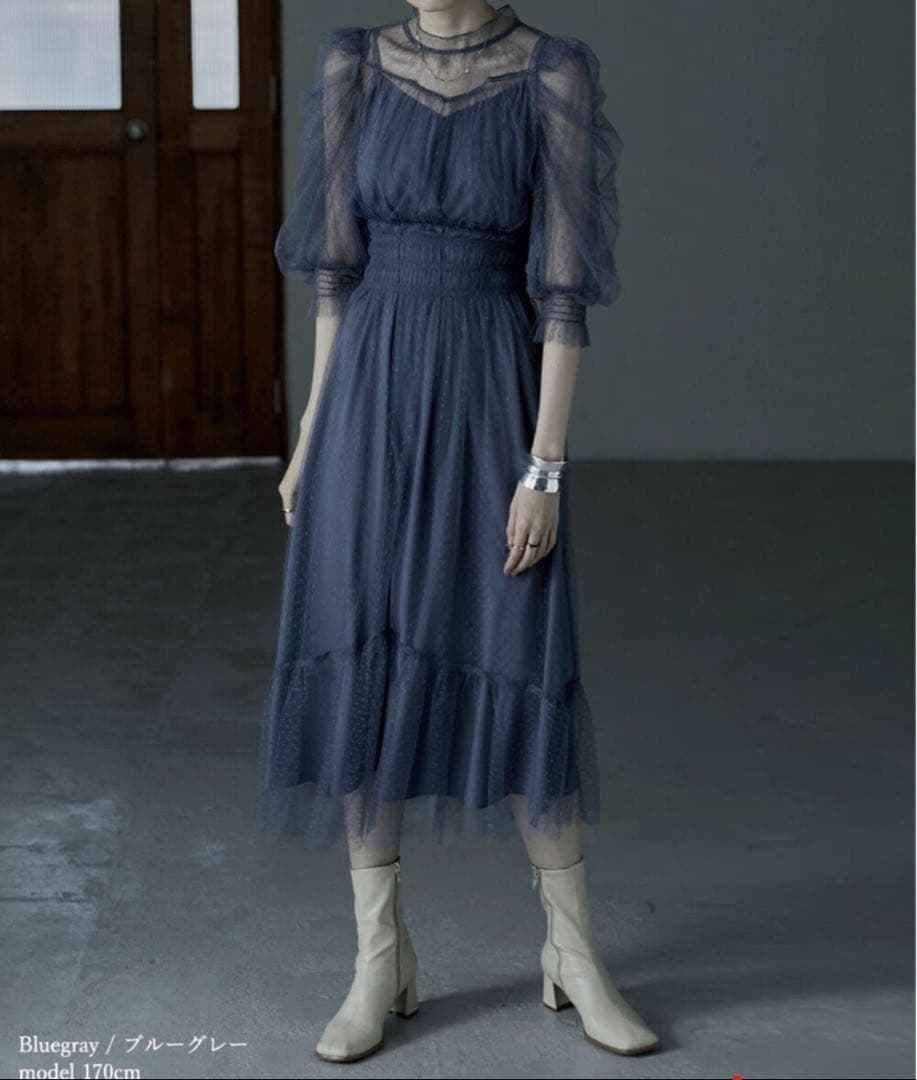 【まめこ】ドットチュールレイヤードワンピース