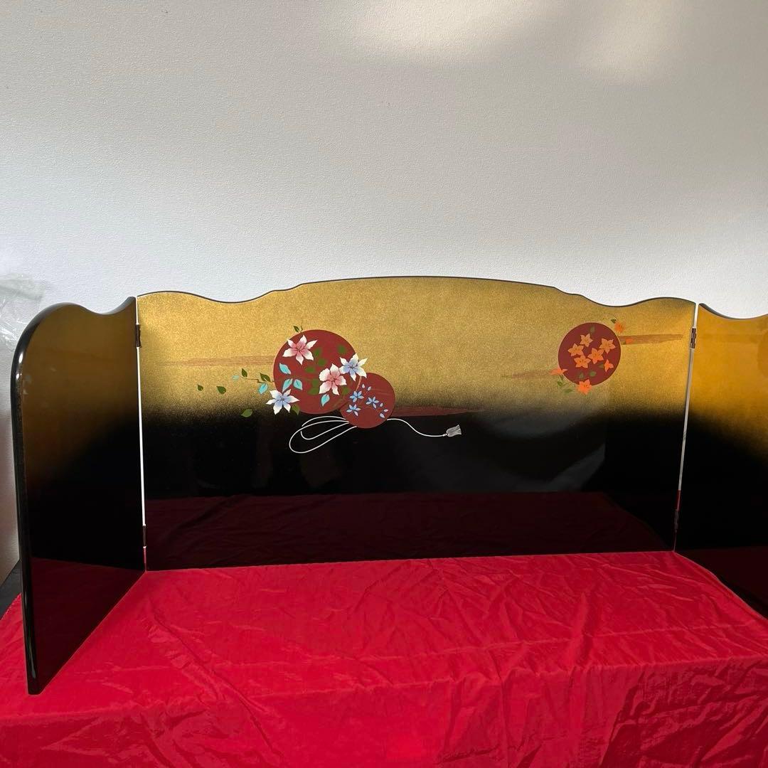 未使用　金彩　塗り　三曲 屏風　ひな祭り　インテリア 上品な屏風　15号　月の花