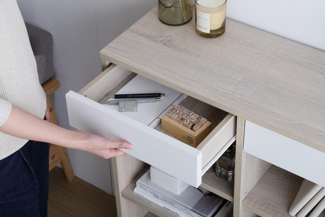 【幅80cm】引き出し付き本棚  　ナチュラルｘホワイト