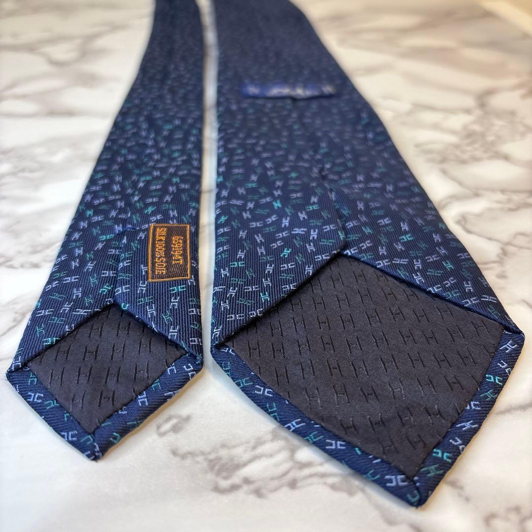【極美品✨】HERMES ネクタイ　ファソネ　ネイビー　紺　刺繍　ブルー　青　H