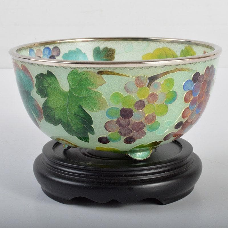 工芸ガラス　銅覆輪　葡萄文　鉢　唐木台付　時代箱付　H　R4332