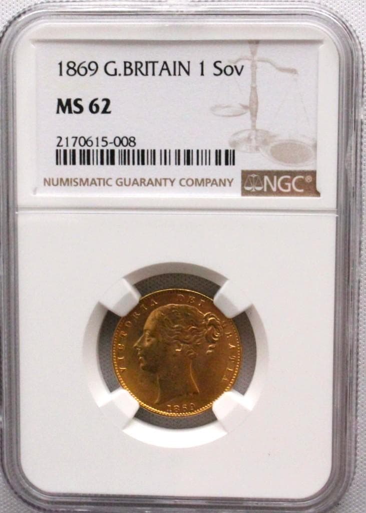 1869年 イギリス ビクトリア ソブリン金貨 NGC MS62