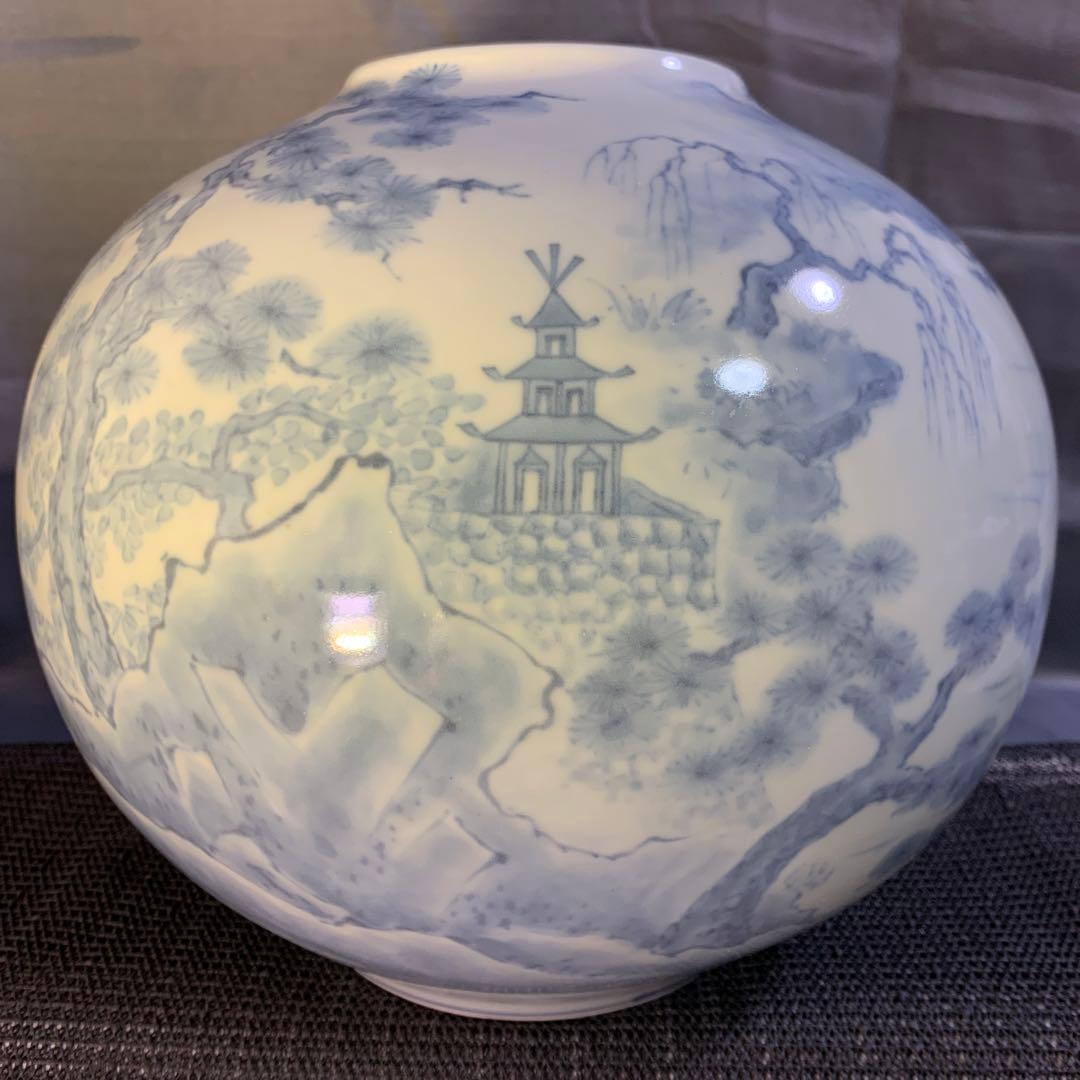 佐藤走波　染付　山水　つぼ　花瓶　松　柳　壺　フラワーベース　走破