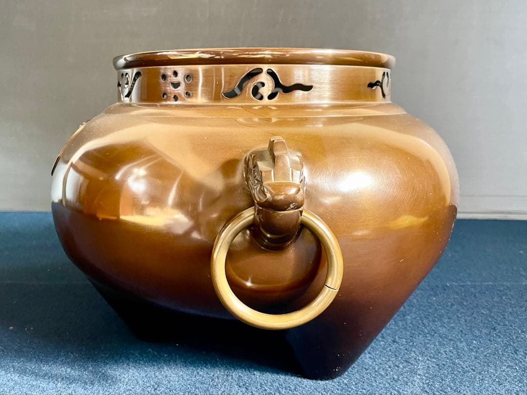 割引❣️【美品】「祖」 唐銅 鬼面風炉 釜師 莎村 共箱 共布 （1030あ莎）