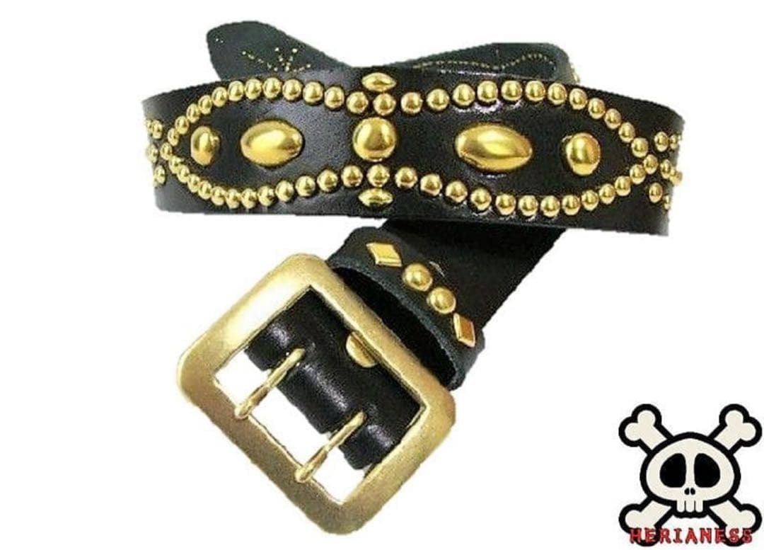 真鍮製バックル　栃木レザーピーナッツ型スタッズベルト　黒　４０ｍｍ幅　一枚革