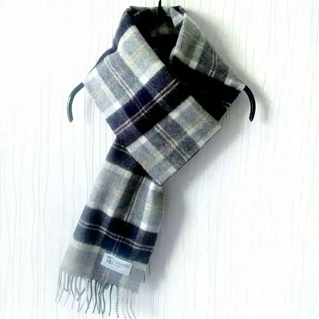 ★ジョンストンズ カシミヤ100% マフラー チェック グレー ネイビー