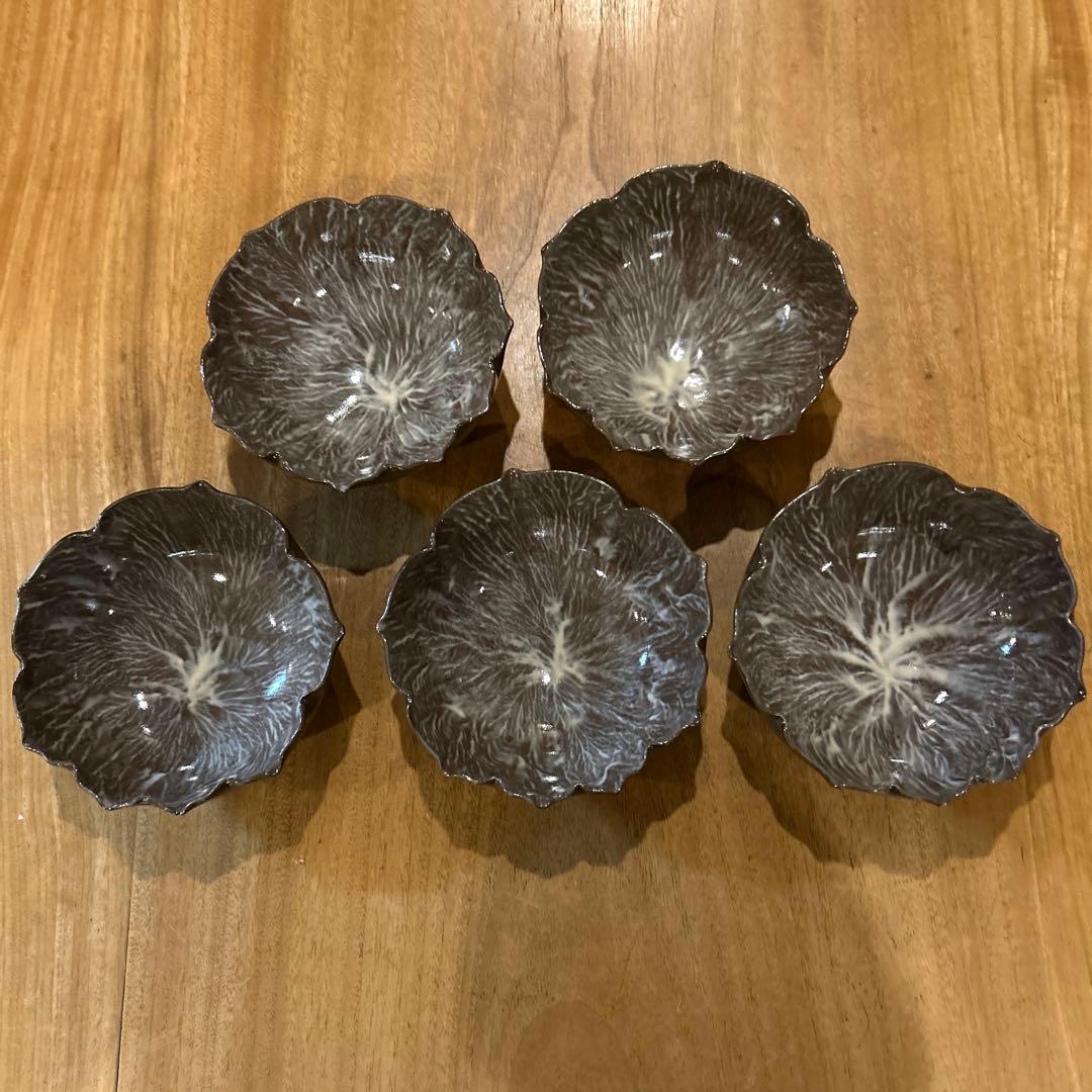 長崎　現川焼 十二代 横石臥牛宗雲作 刷毛目 花形鉢　五個　希少　一