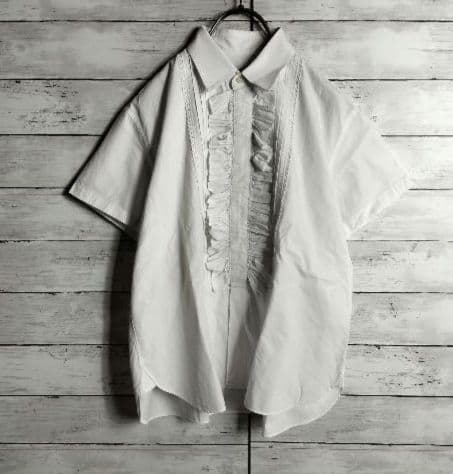 トリココムデギャルソン フリルシャツ ブラウス 白 半袖 比翼仕立て