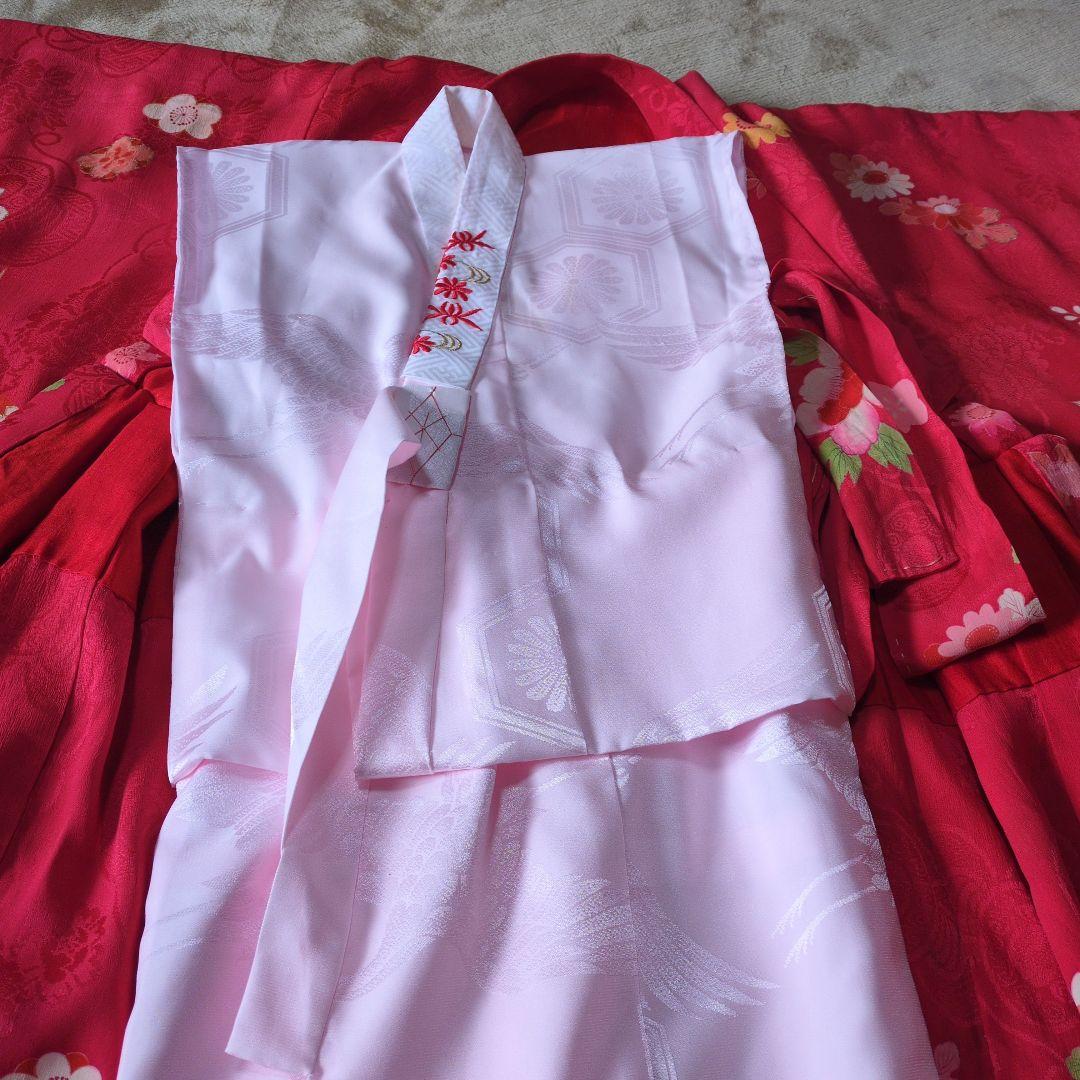 七五三３歳正絹アンティーク着物と被布エプロンセット（長襦袢付き）