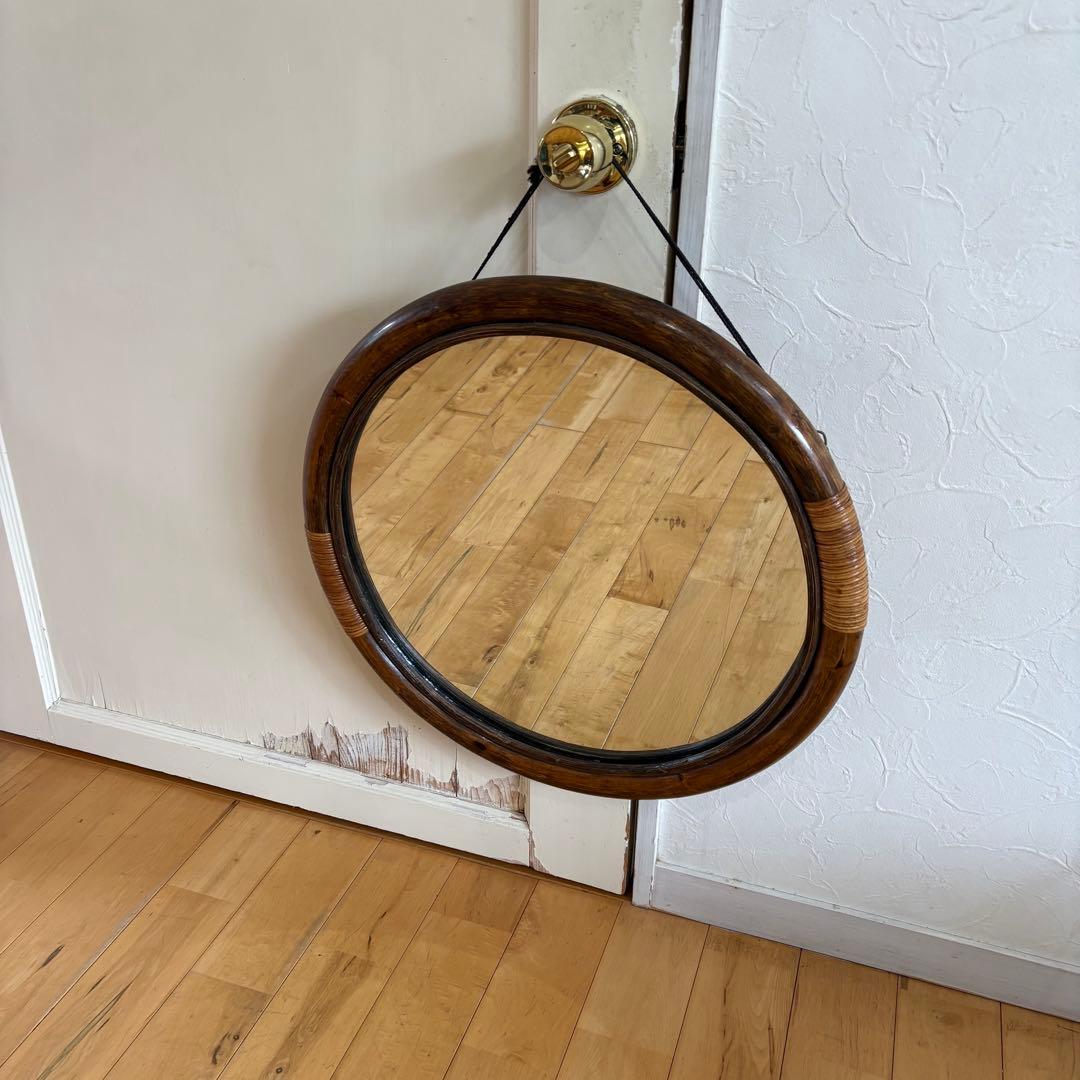 ☆アンティーク☆ビンテージ　ラタン　丸型　籐　鏡　ミラー