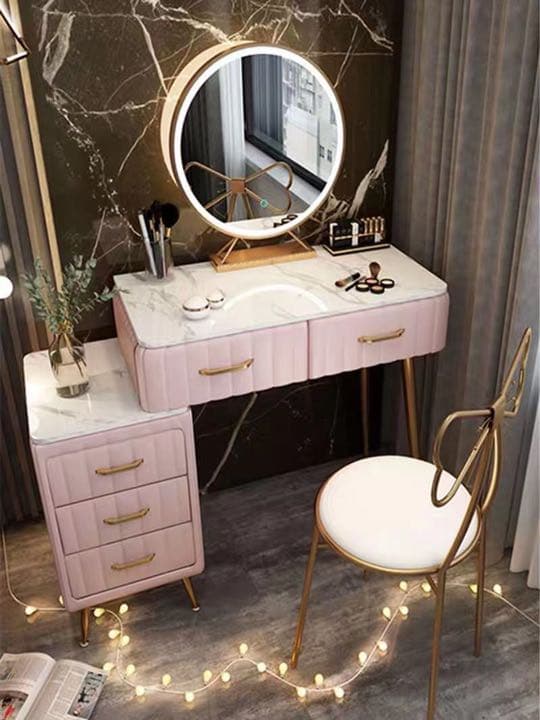 オシャレドレッサー　グレー　デスク引き出し2杯LEDミラー　椅子　棚4点セット