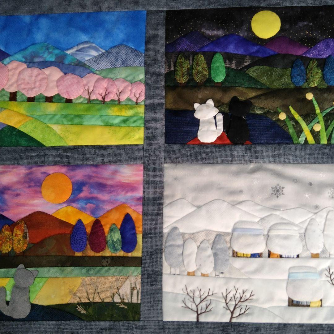 四季の風景タペストリー・古民家と猫たち・パッチワークキルト62×54