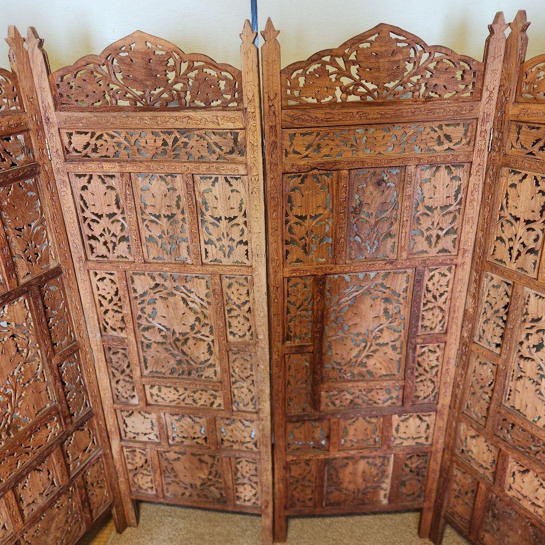 パーティション　木製　アジアン　手彫り　彫刻　アンティーク　衝立　目隠し