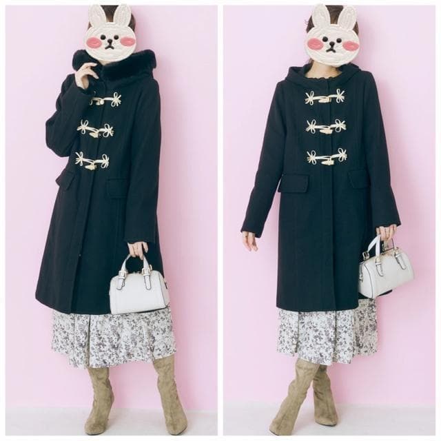 新品☆8L♪黒系♪リボンかわいいフェイクファー付ダッフルコート〇p850